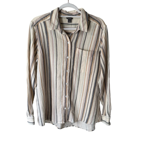 Eddie Bauer 100% Neutral Striped Women’s Shirt Size L Lightweight Casual Fall - Picture 1 of 14